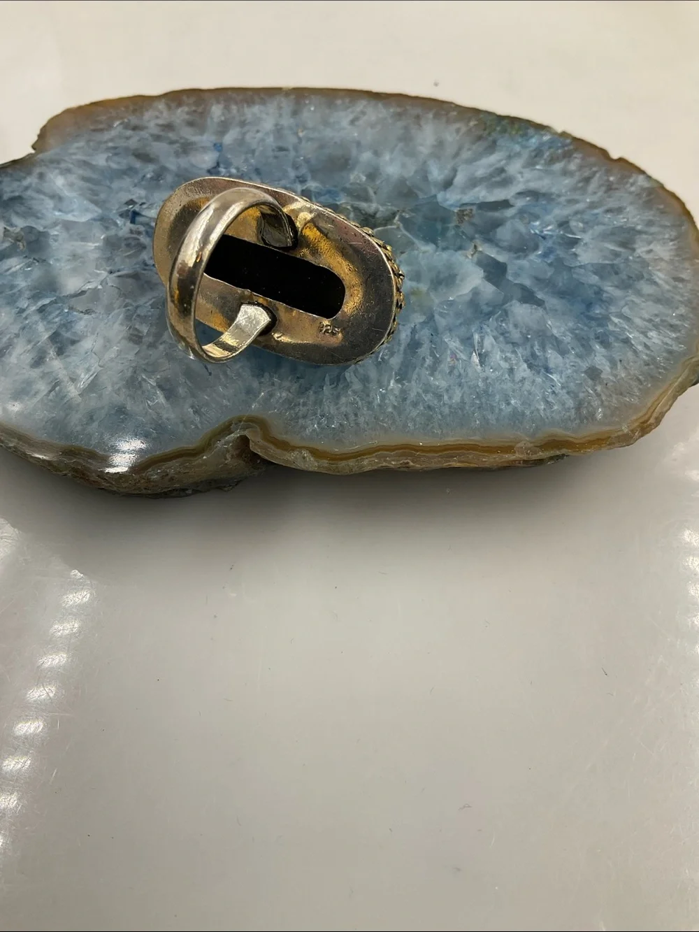 Vintage Sterling Silver Dichromic Art Glass Statement Ring Size 8 Blue-Green